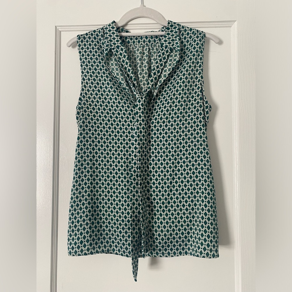 Silky satin sleeveless tie neck top - green and white diamond pattern -work wear